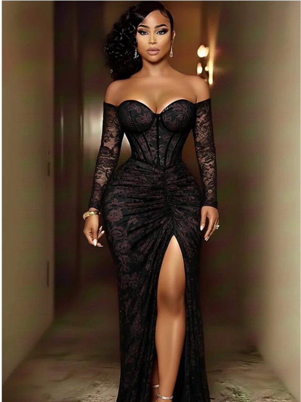 Off Shoulder Cinch Waist Ruched Slit Party Maxi Dresses-Black